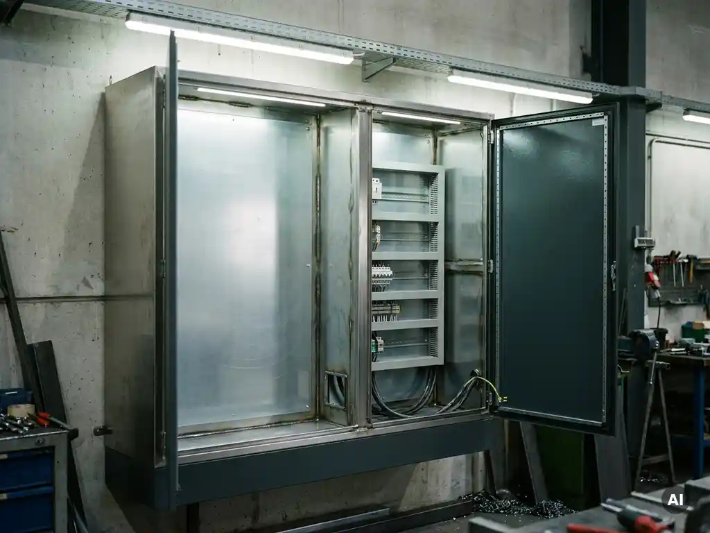 Geöffneter Stahlschrank zur Wandmontage mit gebürsteten Metallinnenpanelen, Schweißnähten und Montageschienen in industrieller Werkstatt.