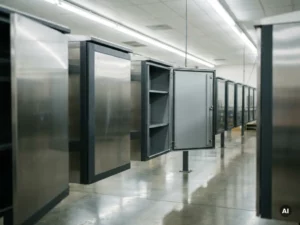 Reihe identischer Stahlschränke zur Wandmontage auf Fabrikboden, ein Schrank geöffnet mit leerem Innenraum, industrielle Beleuchtung.