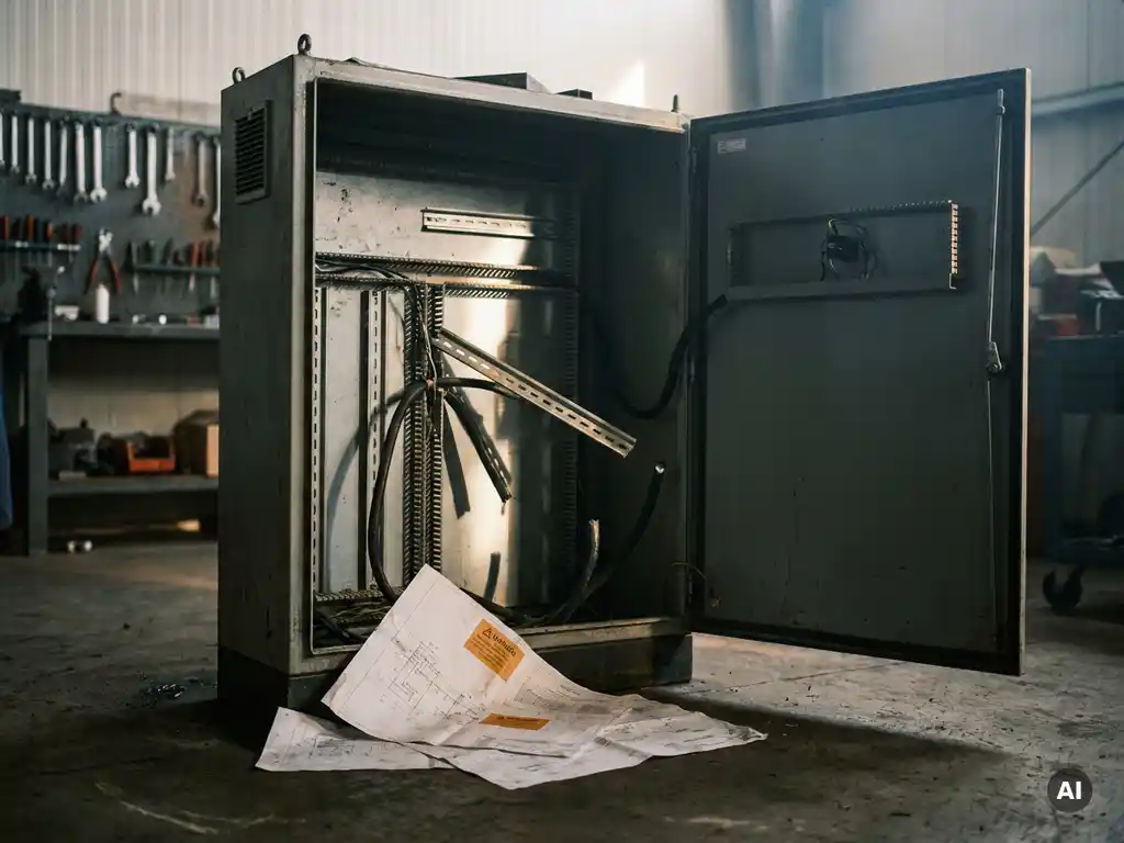 Geöffneter Stahlschaltschrank in Industriewerkstatt mit fehlausgerichteten Montageschienen, losen Kabelkanälen und technischen Zeichnungen am Boden.