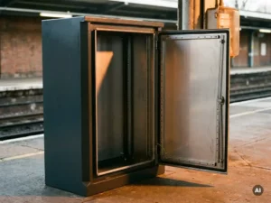 Geöffneter Stahlschaltschrank auf einem Bahnsteig mit sichtbaren Montageschienen und Nieten im warmen Werkstattlicht.