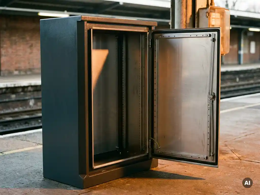 Geöffneter Stahlschaltschrank auf einem Bahnsteig mit sichtbaren Montageschienen und Nieten im warmen Werkstattlicht.
