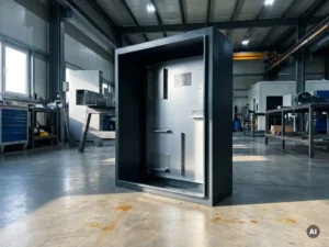 Offener Stahlschaltschrank auf Fabrikboden mit graviertem Typenschild, gebürstete Oberflächen in Anthrazit und Silber.