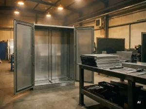 Geöffneter Industrie-Schaltschrank aus Stahl in einer Fabrikhalle mit Montageschienen, Blechpaneelen und Präzisionswerkzeug im Hintergrund.