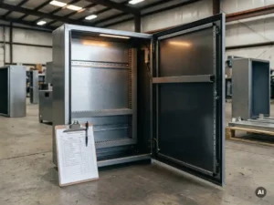 Offener Stahlschrank zur Wandmontage mit Montageschienen, daneben Klemmbrett mit Qualitätsprüfliste auf Betonboden.