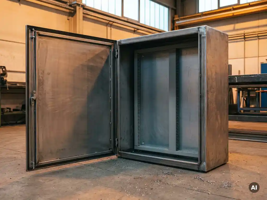 Leerer Industrie-Wandschaltschrank aus Stahl mit geöffneter Tür, Montageschienen und gebürstetem Metallgehäuse in Werkstattumgebung.