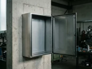 Leerer Stahlschaltschrank mit geöffneter Tür, wandmontiert an einer Betonwand in einer Industriehalle.