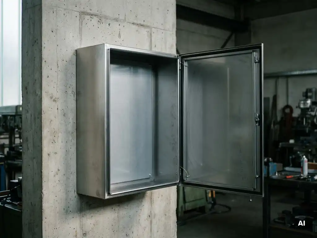 Leerer Stahlschaltschrank mit geöffneter Tür, wandmontiert an einer Betonwand in einer Industriehalle.