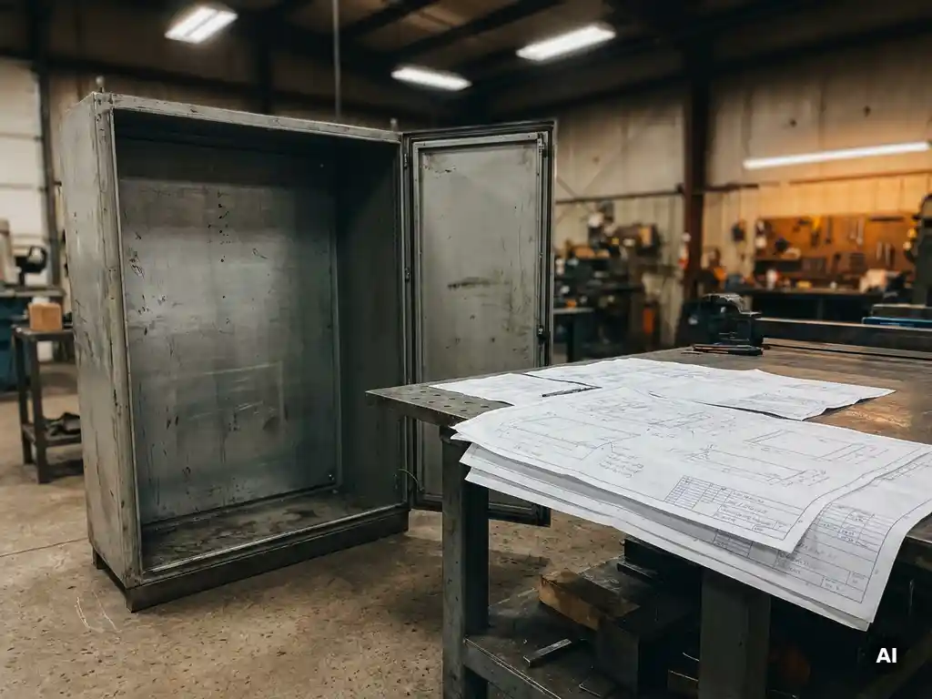 Geöffneter Industrie-Stahlschrank auf Werkstattboden neben Werkbank mit technischen Konstruktionszeichnungen und Bemaßungen.