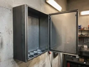 Leere Wandmontage-Stahlschaltschrank mit Kabeleinführungen, an Betonwand in Werkstatt befestigt, Innenansicht sichtbar.