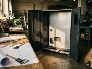 Geöffneter Stahlschaltschrank mit maßgefertigten Ausschnitten auf einem Fabrikboden, umgeben von Messschiebern und technischen Zeichnungen.