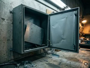 Geöffneter Stahlschaltschrank an Betonwand mit falsch dimensionierter Montageplatte und losen Komponenten auf dem Boden.