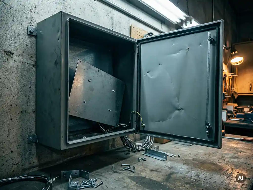 Geöffneter Stahlschaltschrank an Betonwand mit falsch dimensionierter Montageplatte und losen Komponenten auf dem Boden.