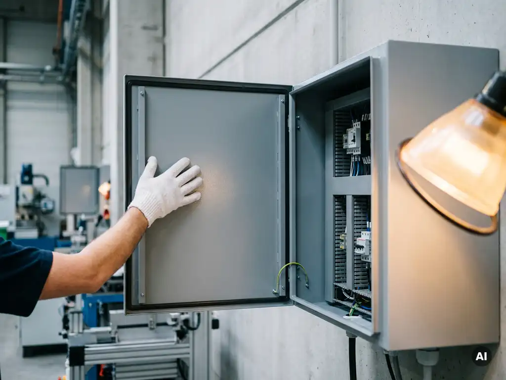 Qualitätsprüfer mit weißem Handschuh untersucht geöffneten Stahlschaltschrank mit pulverbeschichteter Oberfläche in Industrieumgebung.