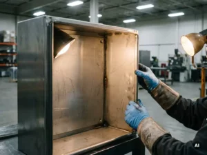 Techniker prüft Schweißnähte und Blechkanten eines geöffneten Stahlschaltschranks unter fokussierter Arbeitsbeleuchtung.