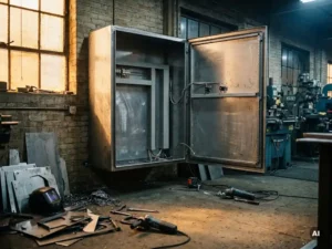 Geöffnetes Stahlblechgehäuse zur Wandmontage in einer Fabrikhalle, umgeben von Metallbearbeitungswerkzeug und Stahlblechen.