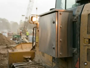 Stahlgehäuse mit Bürstenoberfläche und Montageschrauben an einer Industriemaschine auf einer staubigen Baustelle.