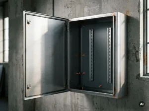 Geöffneter Stahlschaltschrank mit Montageschienen und Erdungspunkten, wandmontiert auf Betonwand in Industrieumgebung.