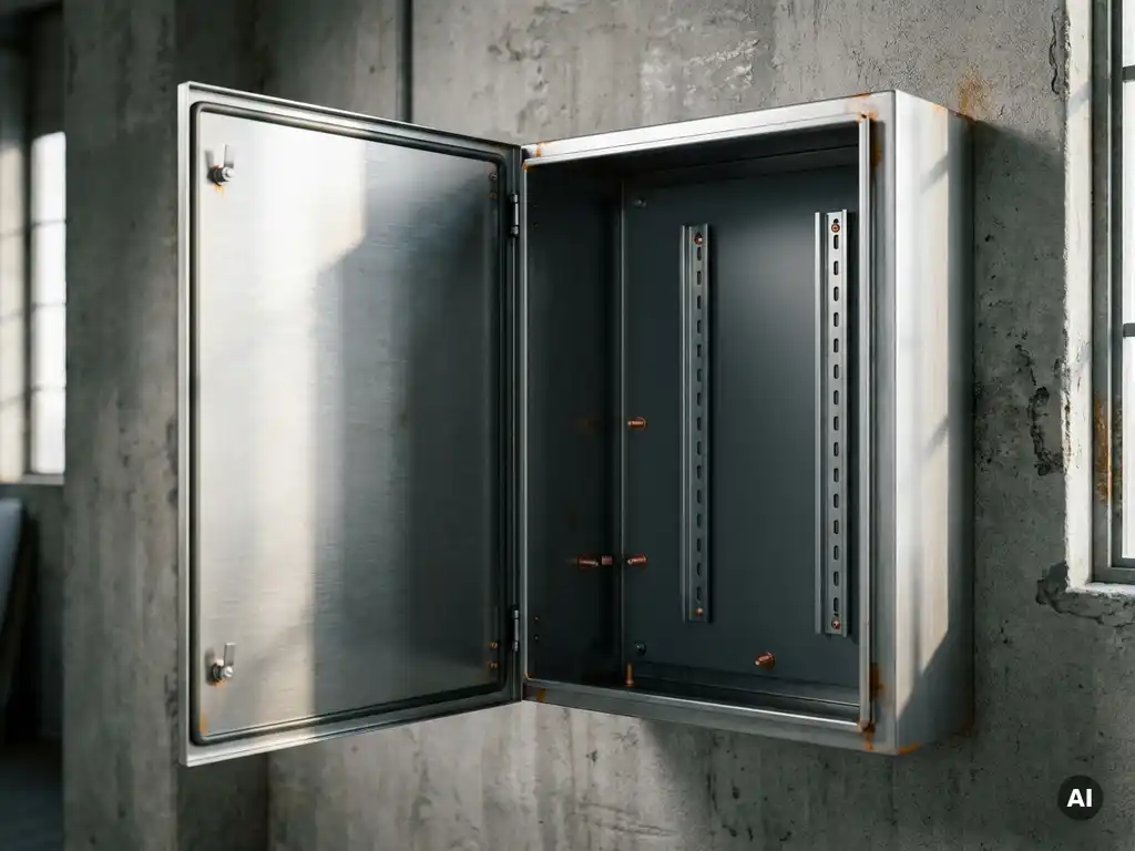 Geöffneter Stahlschaltschrank mit Montageschienen und Erdungspunkten, wandmontiert auf Betonwand in Industrieumgebung.