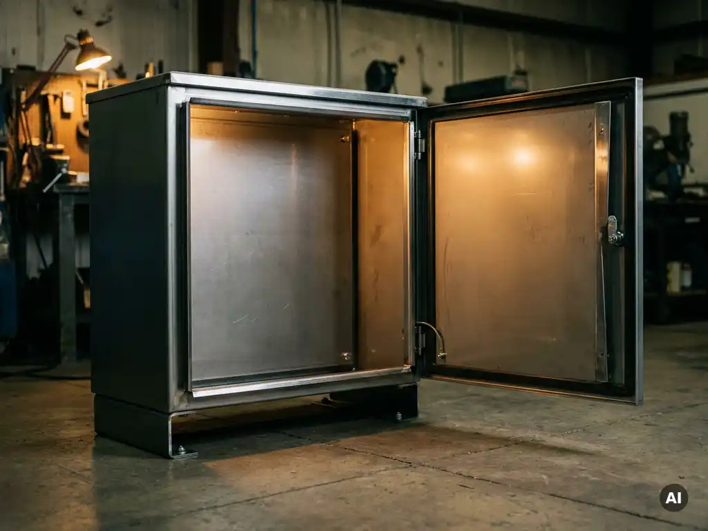 Geöffneter Stahlschrank zur Wandmontage mit leerem Innenraum auf Betonboden in industrieller Werkstatt.