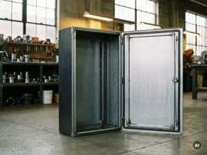 Geöffneter Stahlschrank zur Wandmontage mit Montageschienen auf Betonboden in einer Industriewerkstatt.