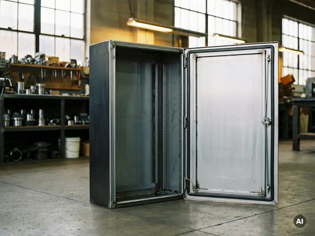 Geöffneter Stahlschrank zur Wandmontage mit Montageschienen auf Betonboden in einer Industriewerkstatt.