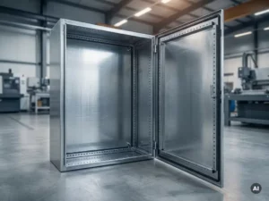 Geöffneter Stahlschaltschrank mit präzisen Montageschienen und bearbeitetem Metallinneren in einer Industriewerkstatt.