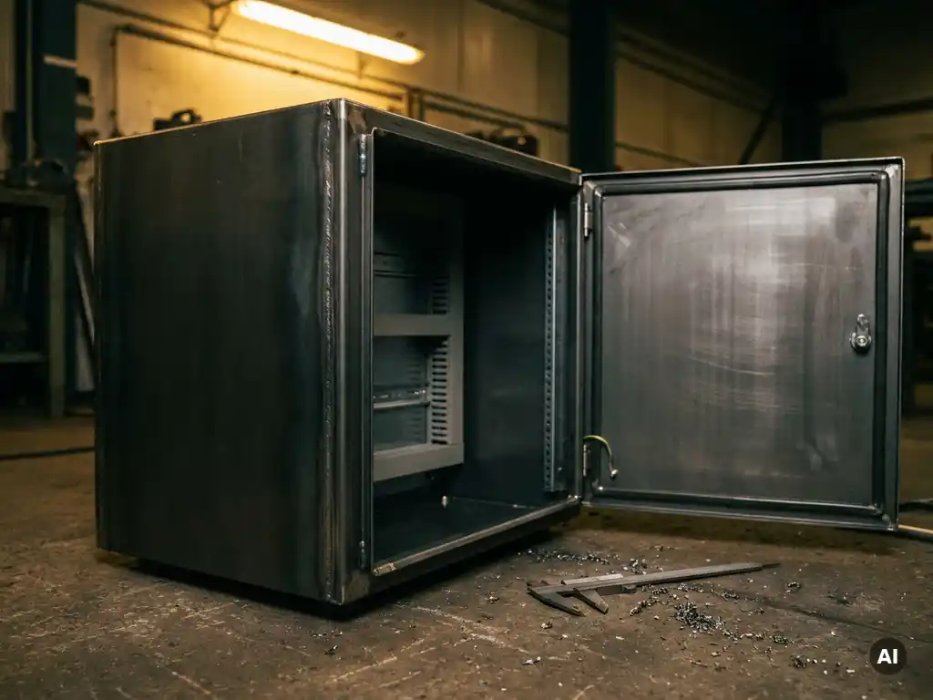 Wandmontiertes Stahlschrank-Gehäuse mit geöffneter Tür, Montageschienen und Messschieber auf Fabrikboden in Industriewerkstatt.