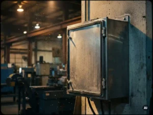 Wandmontierter Stahlschaltschrank in industrieller Produktionshalle mit Metallspänen in der Luft und Betonboden im Hintergrund.