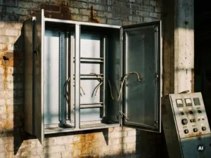 Geöffneter Stahlschrank zur Wandmontage mit Montageschienen, alter Schalttafel und Industrieziegelwand im Hintergrund.