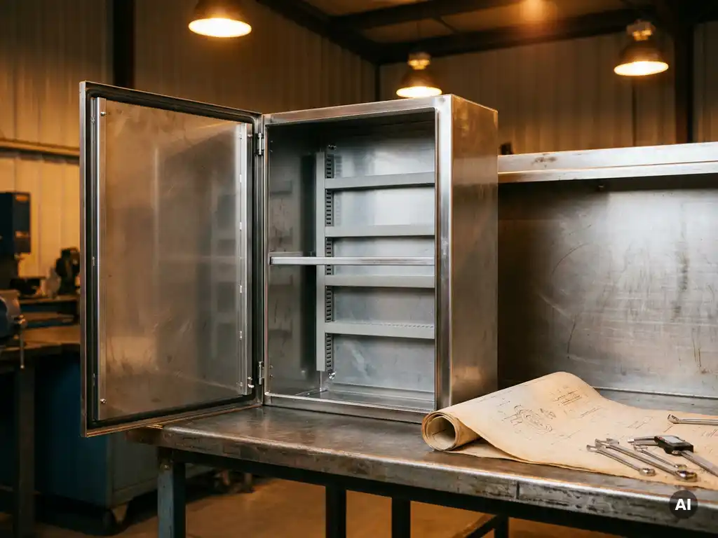 Geöffneter Stahlschrank zur Wandmontage mit sichtbaren Montageschienen, neben einer Konstruktionszeichnung auf einer Stahlwerkbank in einer Industriewerkstatt.